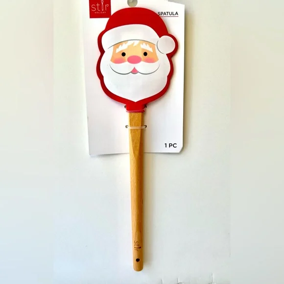Christmas Santa Claus Face Shaped Silicone Spatula Wood Handle Holiday Party - Picture 3 of 7